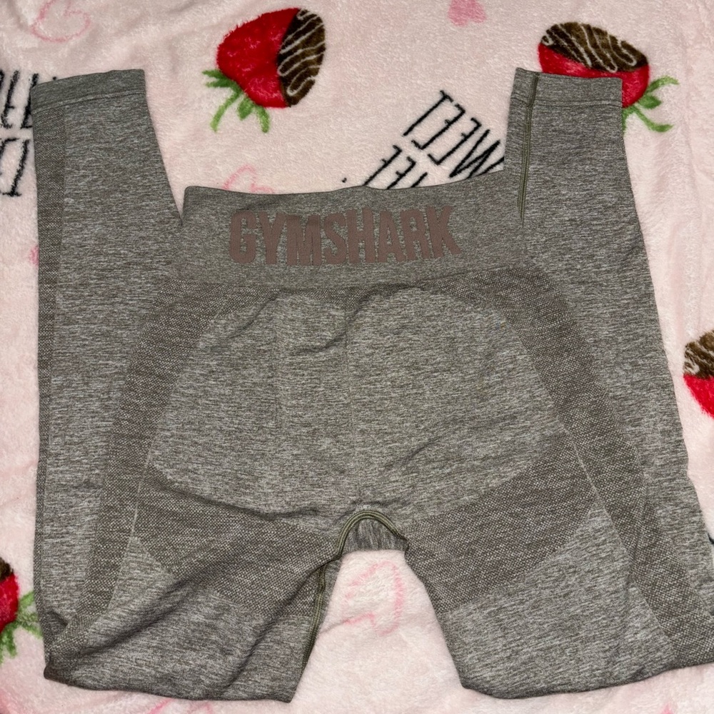 Gymshark high waisted flex leggings green khaki with pink/taupe logo